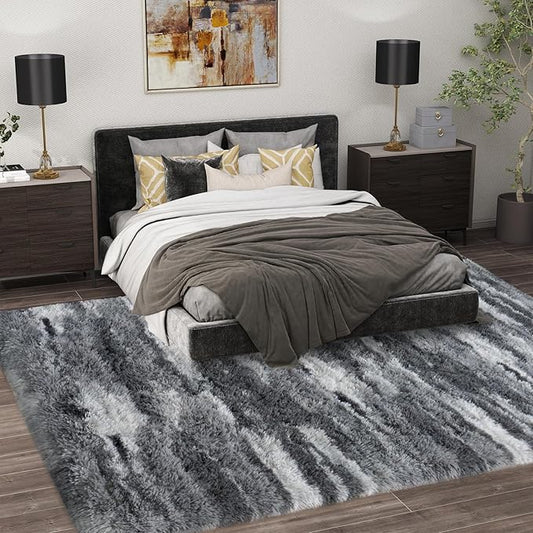 Shag Rugs for Living Room 6x9, Ultra Soft Abstract Grey Big Fuzzy Rugs for Bedroom, 6 x 9 Fluffy Shaggy Plush Carpet Girls Kids Room Dorm Upgrade Non-Slip