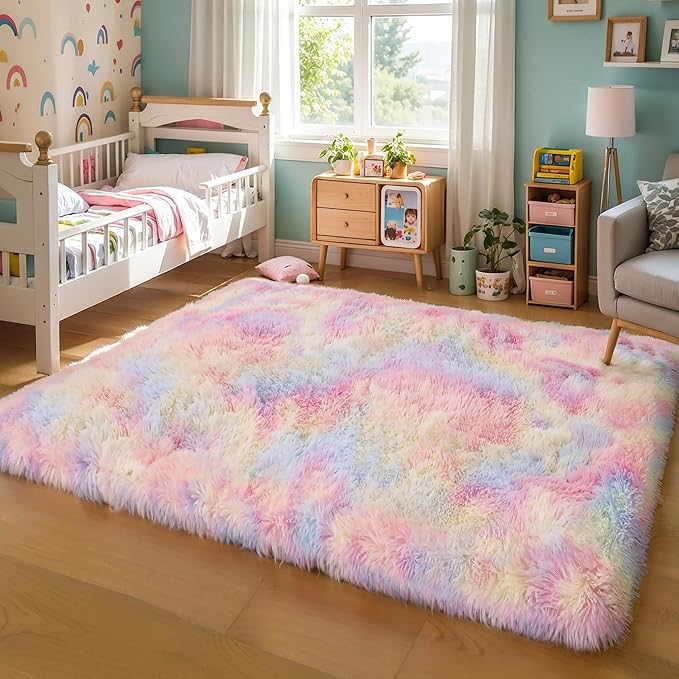KICHOWUA Thick Area Rug 5x8 Unicorn Fluffy Shag for Girls Bedroom, Rainbow Soft Fuzzy Furry Shaggy Pastel Rug for Living Room,Thickened Washable Non Slip Princess Kids Nursery Boys Dorm Room Carpets