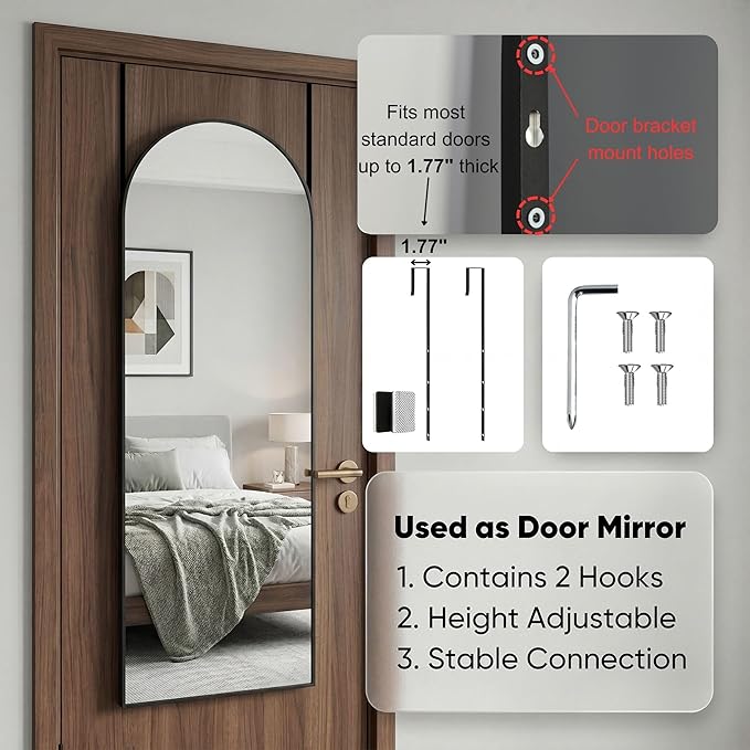 58"x20" Arched Full Length Door Mirror, Over-the-Door Hanging, Floor Standing, Wall Mounted or Leaning, Metal Frame Body Mirror for Bedroom, Living Room, Closet, Dorm, Black