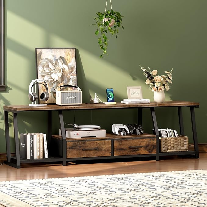 RALGEND LED TV Stand for 80 Inch TV, Entertainment Center with Open Shelves and Power Outlets, TV Console Table with Fabric Drawers, Media Console for Living Room, Bedroom, Rustic Brown and Black
