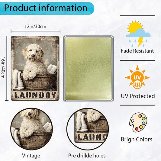 Labradoodle Dog Laundry Vintage Tin Sign Metal Aluminum Sign Iron Painting Vintage Wall Decoration Poster for Home Hotel Bathroom 16x12 Inch