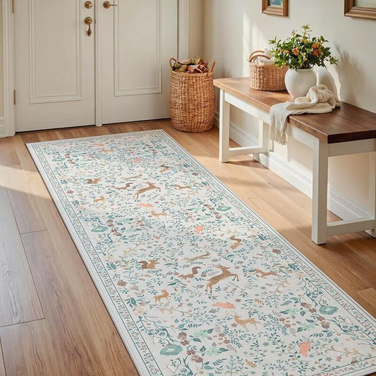 Runner Rug Washable Runners Kitchen Rugs Non Slip Neutral Floral Carpet Low Pile for Indoor Hallways Entryway Living Room Bedroom Laundry Soft Mat 2'6''x8' Cream Gray
