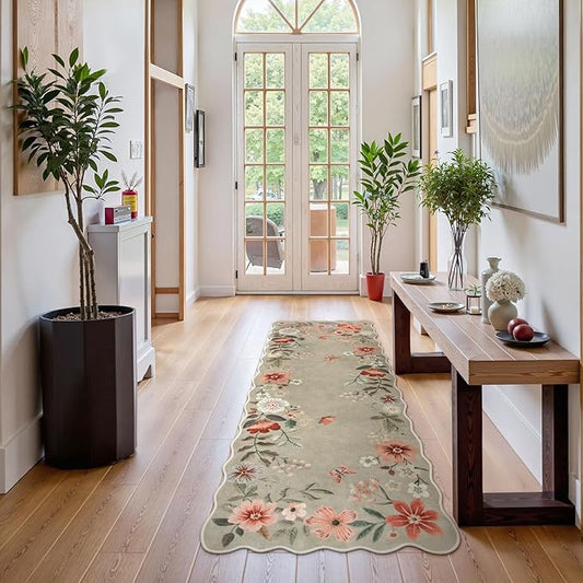 Lahome Floral Kitchen Runner, 2x5 Soft Washable Runner Rug Non Slip, Ultra-Thin Hallway Rug Stain Resistant Boho Carpet for Laundry Bathroom Bedroom Flore (2x5ft,Brown)