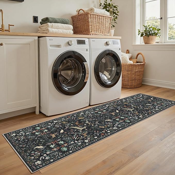 Runner Rug Washable Runners Kitchen Rugs Non Slip Neutral Floral Carpet Low Pile for Indoor Hallways Entryway Living Room Bedroom Laundry Soft Mat 2'6''x8' Black