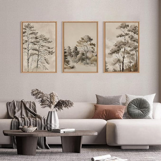 Vintage Sketch Trees Framed Canvas Wall Art Set,Watercolor Ink Nature Forest Landscape Wall Decor,Modern Birch Tree Branch Calm Painting for Living Room,Bedroom-24 x36 x3