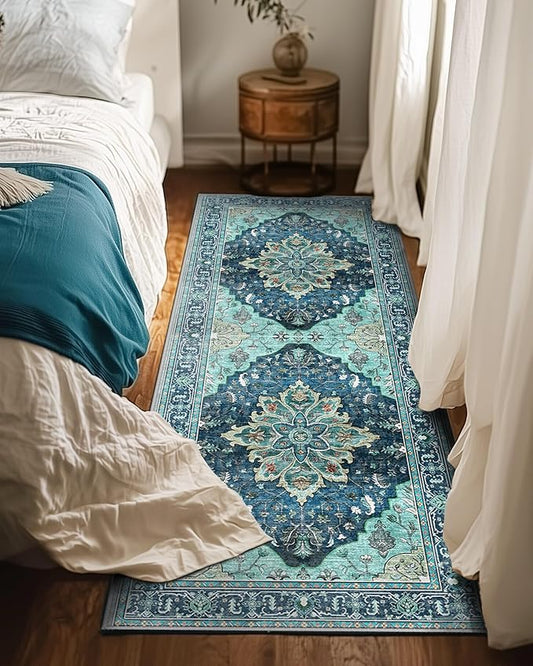 RELEANY Area Rugs 2'x6' Runner Rug Non Slip Washable for Kitchen Hallway Bedroom Beside Laundry Room Bathroom Rug, Floor Carpet, Teal Green Lake Blue Turquoise