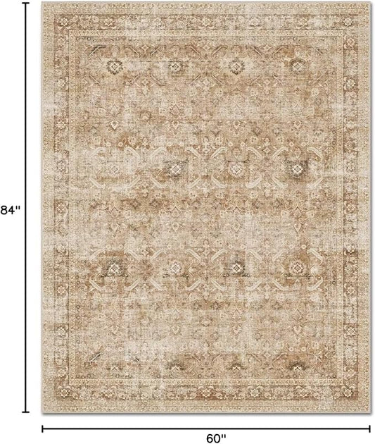Washable 5x7 Area Rugs for Living Room, Boho Non-Slip Vintage Rug for Bedroom Dining Room Nursery Office, 0.3" Neutral Oriental Throw Thin Carpet with Cushioning Pad, Brown/Multi, C1