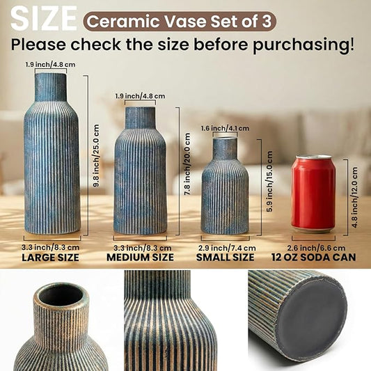 Vintage Blue Ceramic Flower Vases Set of 3, Modern Matte Vertical Ribbed, Nordic Minimalist Decor for Pampas Dried & Fresh Flowers, Centerpiece for Living Room, Shelf, Entryway, Wedding