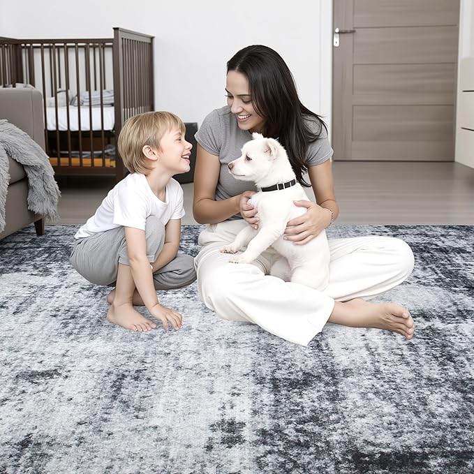 Round Area Rug for Living Room: 5 ft Washable Modern Abstract Soft Thin Rug Indoor Floor No Slip Stain Resistant Carpet for Bedroom Dining Room Farmhouse Nursery Home Office - Dark Black
