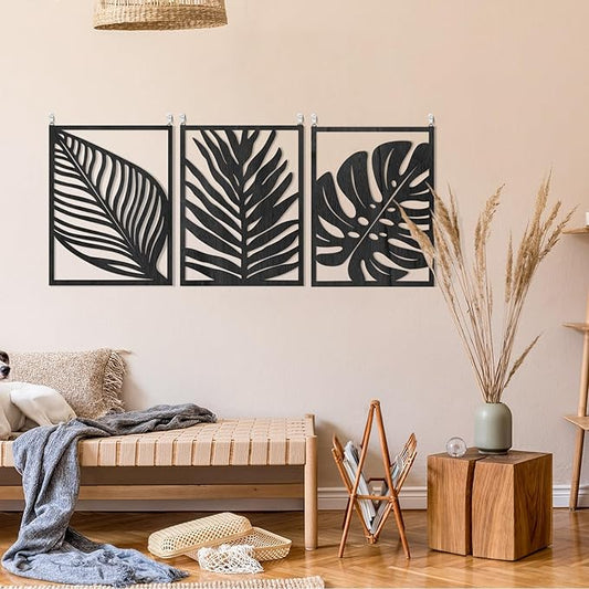 3PCS Black Tropical Wall Art, Wall Decor For Bedroom, Wall Art Decor Leaf Sign Walls Vintage Tropical Plant Wall Rustic Palm Leaf, Modern Wooden Walls Sculptures for for Living room, Bedroom, Office