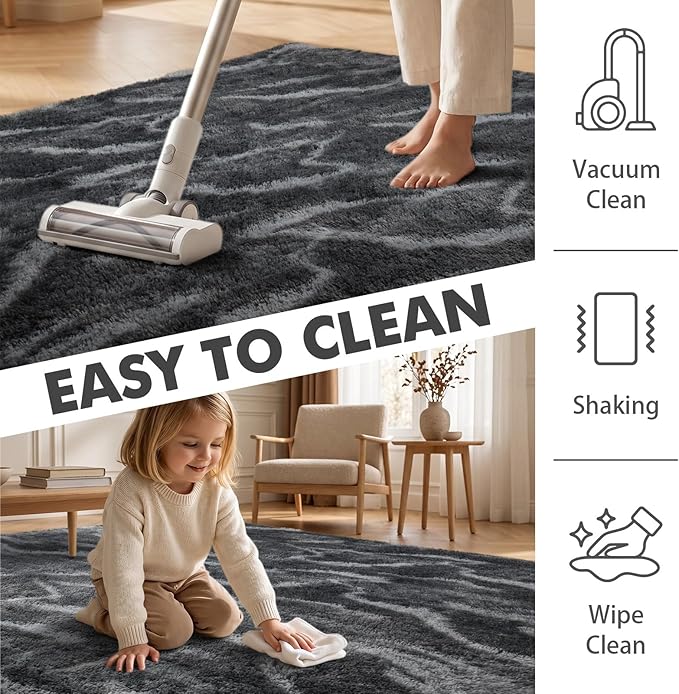 5x7 Ft Large Shag Rugs for Bedroom Living Room, Tie Dyed Ultra Soft Fluffy Furry Area Rug for Indoor Floor, Aesthetic Carpet for Home Decor (Grey)
