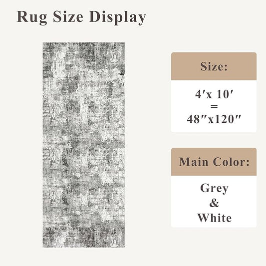 4x10 ft Extra Wide Hallway Rug – Non-Slip Washable Rubber-Backed Large Carpet Runner for Kitchen, Entryway | Modern Abstract, Low-Pile Thin Floor Mat for Bedroom Living Room Dining Room(Grey)