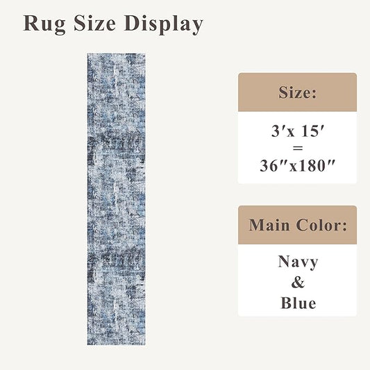 3x15 Ft Long Hallway Runner Rug - Non-Slip Washable Kitchen Runner Rug with Rubber Backing | Modern Abstract Wide Floor Carpet Runner for Indoor Entryway, Bedroom, Living Room(Blue)