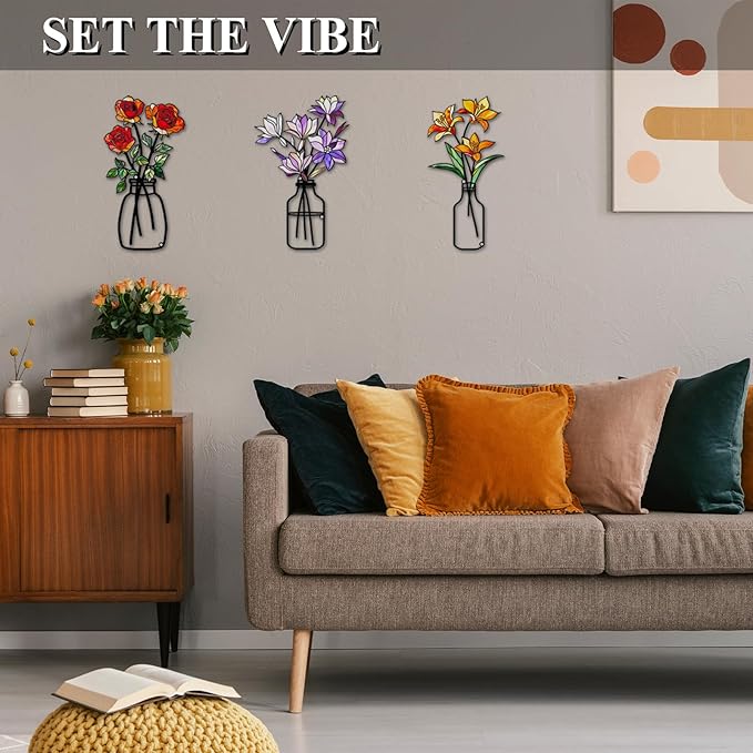 Fanjashn 3 Pcs Metal Flowers Wall Art, Floral Art Wall Decor, Minimalist Flower Wall Decor for Living Room, Bathroom, Bedroom, Kitchen and Dining Room