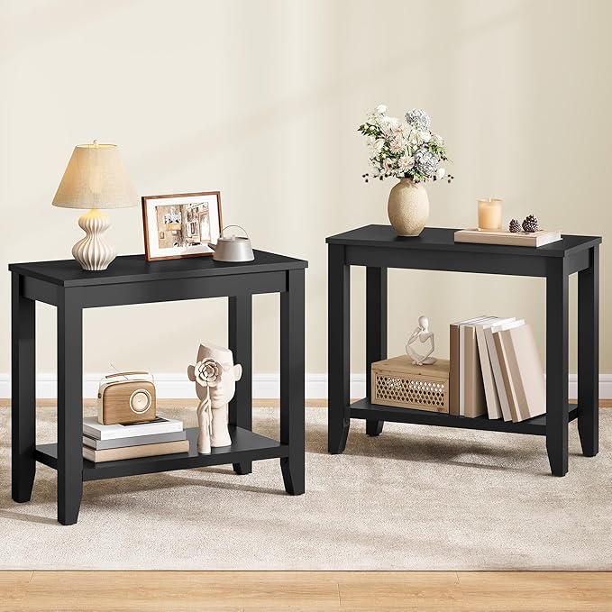 Hoctieon End Table with Double Storage Shelves, Sturdy Wooden Side Table for Living Room, Bedroom, Modern Nightstand Sofa Table for Small Spaces, Black