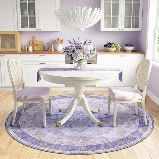 RELEANY Area Rugs Round 6ft Washable Non-Slip, Floral Vintage Distress Print Pattern Medallion Carpet for Living Room Bedroom Dining Room, Light Purple Brown