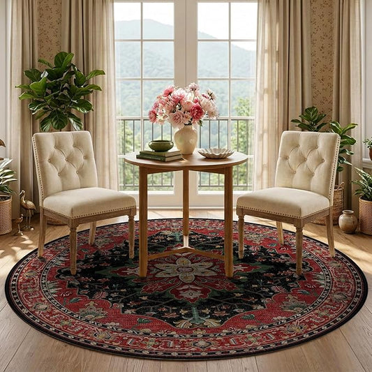 RELEANY Area Rugs Round 5ft Washable Non-Slip, Floral Vintage Distress Print Pattern Medallion Carpet for Living Room Bedroom Dining Room, Red Black
