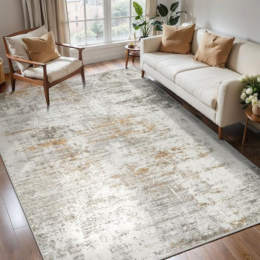 Tangsoo Abstract 3x5 Area Rug, Washable Non Slip Indoor Rugs, Modern Accent Rug Print Small Carpet, Contemporary Soft Low Pile Rugs for Living Room Dorm Bedroom Bedside Entryway Beige/Grey