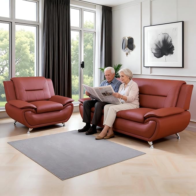 Living Room Furniture Sets, 2PCS Red Faux Leather Sofa and Chair for Living Room, Sofa Couches for Office, Bedroom, Apartment