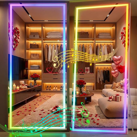 Hasipu 94"x39" LED RGB Bluetooth Home Gym Mirror Full Length with Lights, Wall Mount & Free Standing Full Body Mirror for Bedroom Workout Yoga, Detachable Stand, 7 Color & Brightness Adjustable