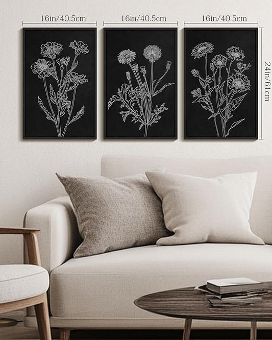 Drsoum Vintage Boho Botanical Flower Wall Art Framed Retro Floral Wall Prints Wildflower Neutral Rustic Bohemain Artwork Kitchen Bedroom Ready to Hang 16x24in Black Framed
