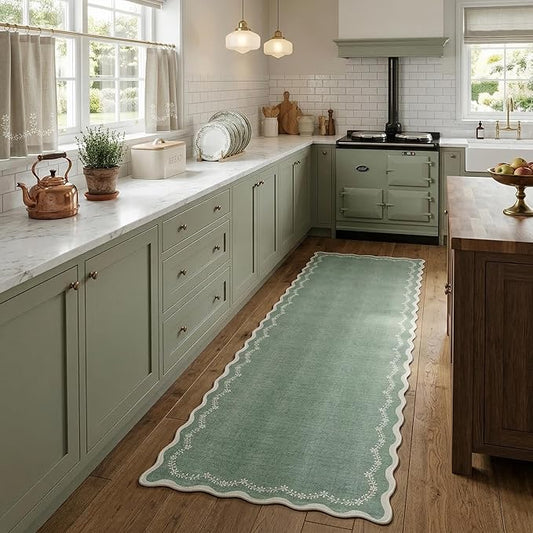 GarveeHome 2x6 Scalloped Washable Runner Rug for Kitchen, Sage Green Hallway Runner Non Slip Entryway Rug Farmhouse Thin Laundry Mat Stain Resistant Carpet for Bedroom Bathroom Beside Rug