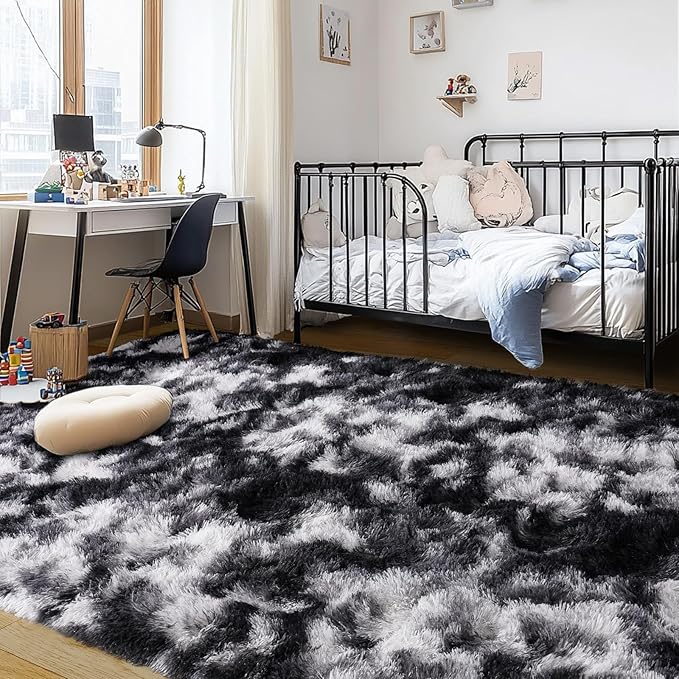 Plush Rugs for Living Room Shaggy Soft Area Rug High Pile Fuzzy Rug Non-Slip Indoor Floor Carpet Plush Area Rugs for Living Room Tie Dye Black White 9x12
