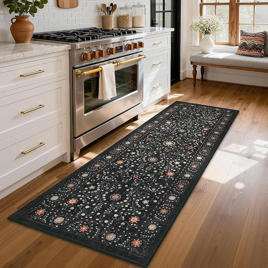GarveeHome Boho 2x6 Runner Rug for Hallways Non Slip, Vintage Botanical Kitchen Rugs Washable Area Rug for Entryway Stain Resistant, Low Pile Soft Runner Black Carpet for Bedroom Floor Laundry Room