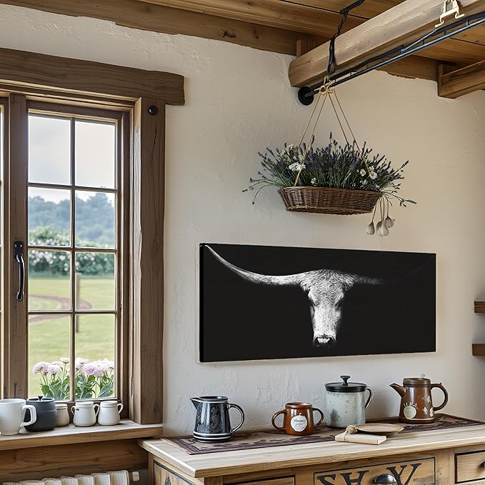 LevvArts Large Size Longhorn Cow Canvas Wall Art Black and White Western Cattle Portrait Photo Painting Artwork for Man Cave Home Office Living Room Decor 20"x48"