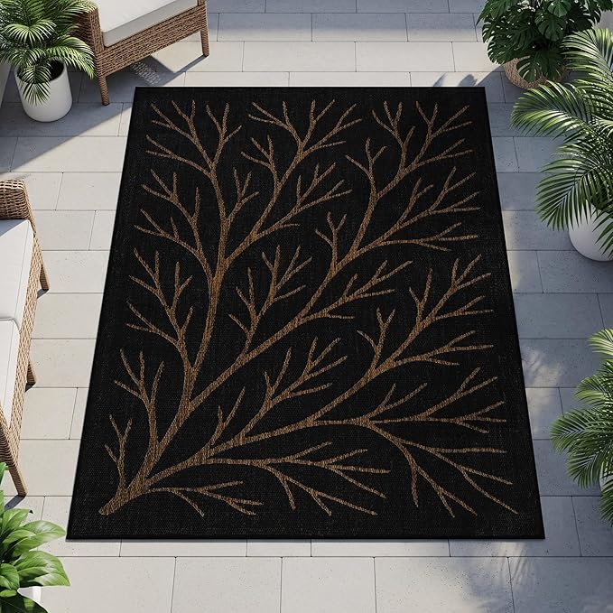 Washable Indoor Outdoor Rug 9x12 Modern Area Rugs Branch Pattern Non Shedding Waterproof Easy Clean Patio Deck Porch Living Room Bedroom Garden RV (9 X 12 Gold)