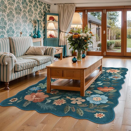 Lahome Floral Washable Rugs for Bedroom, 4X6 Area Rug Ultra-Thin Soft Living Room Rug, Non-Slip Classroom Rug Stain Resistant Boho Rug Low-Pile for Nursery Office Flore (4x6ft,Navy Blue)