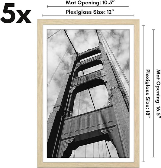 Americanflat 12x18 Poster Frame with Polished Plexiglass - Set of 5 - Use as 11x17 Frame with Mat or Display 12x18 Photo Without Mat - Galleria Collection - Picture Frames for Wall - Natural Oak