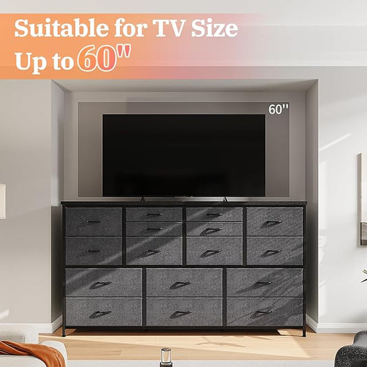 16 Drawers Long Dresser for Bedroom, 51"W Dressers with Power Outlets for 60"Inch TV for Living Room, Entertainment Center with Storage, Media TV Stand Console Table 51.1''W*11.8''D*34.8''H, Grey