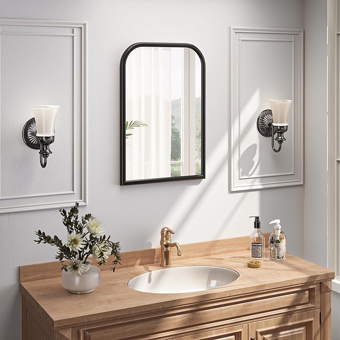 Arch Wall Mirror for Wall Mounted, Tempered Glass, Wood Grain Finish Frame Wall Mirror Decorative for Bedroom Living Room Vanity Mirror (Black, 30" L x 20" W)