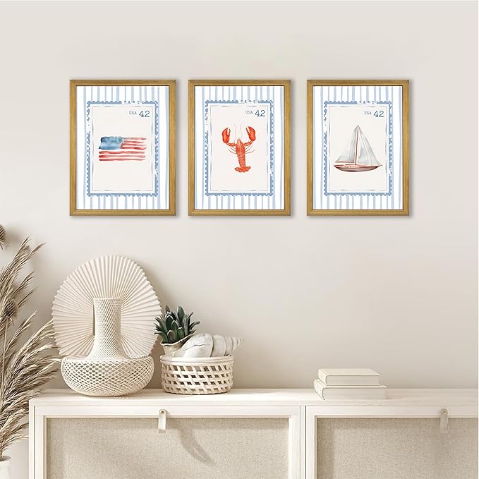 Wood Framed Blue Beach Stamp Set of 3 Canvas Poster Coastal Granddaughter Room Wall Art Decor Vintage Preppy Aesthetic Prints Artwork for Girly Dorm Apartment Ocean Home Decoration 16x24 Inch