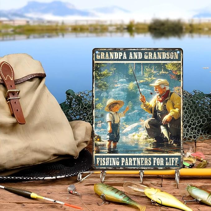 Fun Vintage Fishing Metal Sign Grandpa And Grandson Fishing Partners For Life Metal Poster Home Kitchen Garden Bar Pub Cafe Man Cave Rustic Aluminium Sign 12x16Inch