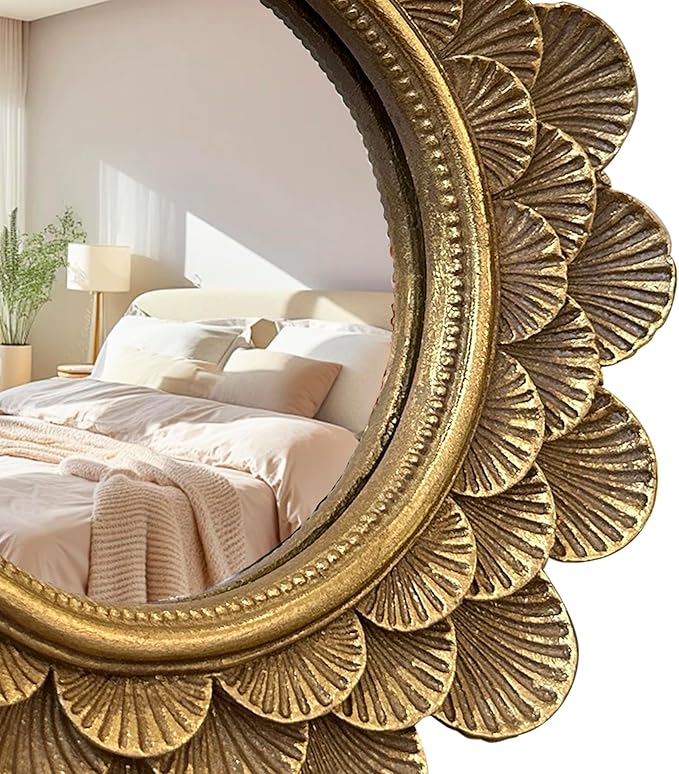 Vintage Vanity Makeup Desk Mirror,Antique Traditional Roundness Table Mirror Vintage Gold, for Dressing Table,Bedroom, Bathroom,Tabletop,Antique, 6.7" x 6.7"