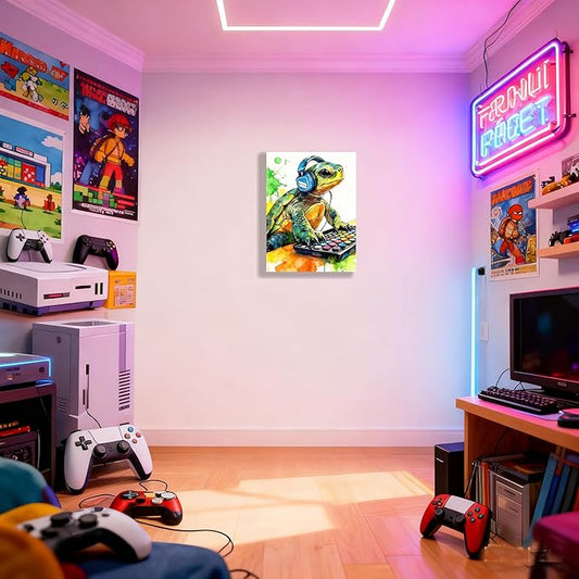Graffiti DJ Sea Turtle Canvas Wall Art Modern Funny Print 12x16 inch Green Tortoise with Headphones Teen Boy Gaming Room Cool Framed Turtle Art Decor Kids Animal Bedroom Office Home Poster