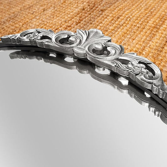 30'' Antique Silver Round Wall Mirror with Metal Flower Carving Frame, Small Vintage Retro Baroque Mirror Ornate, Vanity Mirror for Bathroom, Fireplace,Entryway, Living Room
