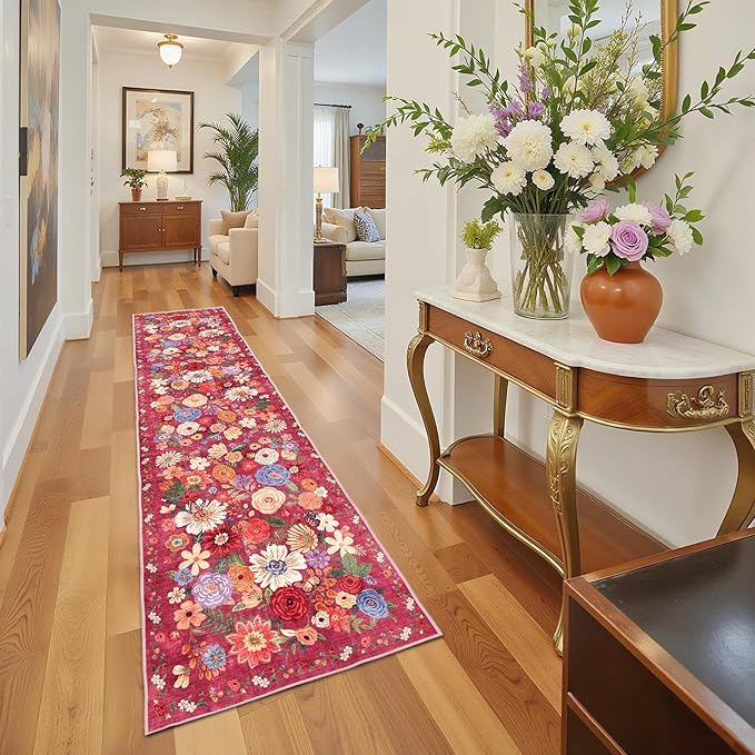 Rug for Hallways Kitchen Rug 2'6" x 14', Non Slip Washable Rugs with Rubber Backing Soft Floral Carpet Runner for Hallways, Kitchen, Laundry, Bedroom, Bathroom, Red Garden