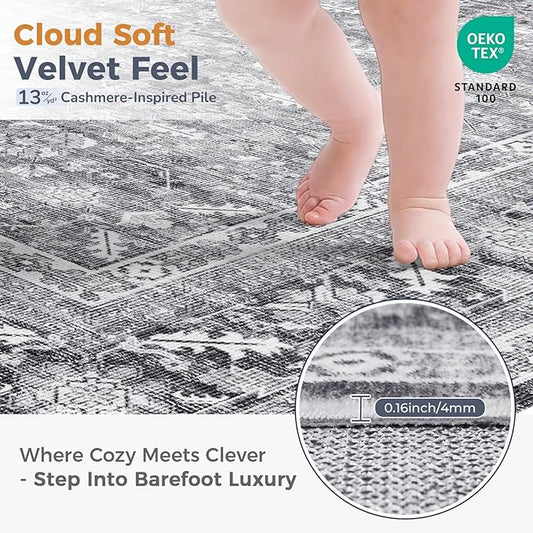 OPPODREAM Vintage Grey Round Rug 4ft, 4 ft Retro Washable Circle Rug Non Slip, Low-Pile Faux Wool Circular Carpet, Distressed Gray Floor Mat for Living Room, Bedroom, Office, Dorm, Dinning Room