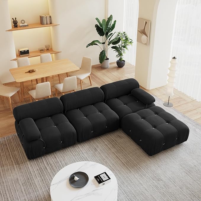 104'' Modular Sectional Couch, L-Shaped Velvet Bubble Couch with Reversible Chaise Ottoman, Modern Black Sectional Couches for Living Room, Apartment (3 Seats, 1 Ottoman, Black)