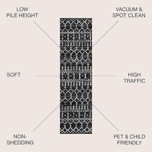 JONATHAN Y Boho Vintage Diamond Black/Ivory Runner Rug 2X20 ft, Moroccan Hype for Living Room, Bedroom, Kitchen, Office, Easy-Cleaning, High Traffic, Pet-Friendly, Non-Shedding (MOH101D-220)