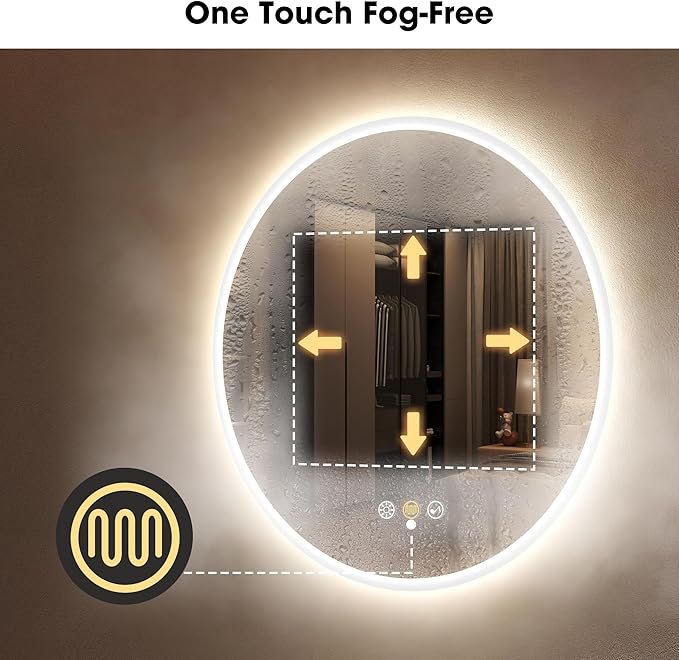 S·BAGNO 24’’ Round Led Bathroom Mirror with Lights, Backlit and Front Lighted, Anti-Fog Wall-Mounted Vanity Mirror 3000K/4000K/6500K, Dimmable Inside Bluetooth Speaker Smart Mirror
