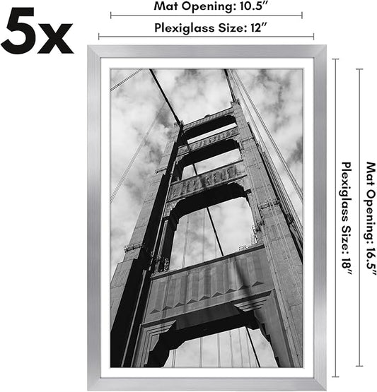Americanflat 12x18 Poster Frame with Polished Plexiglass - Set of 5 - Use as 11x17 Frame with Mat or Display 12x18 Photo Without Mat - Galleria Collection - Picture Frames for Wall Display - Silver