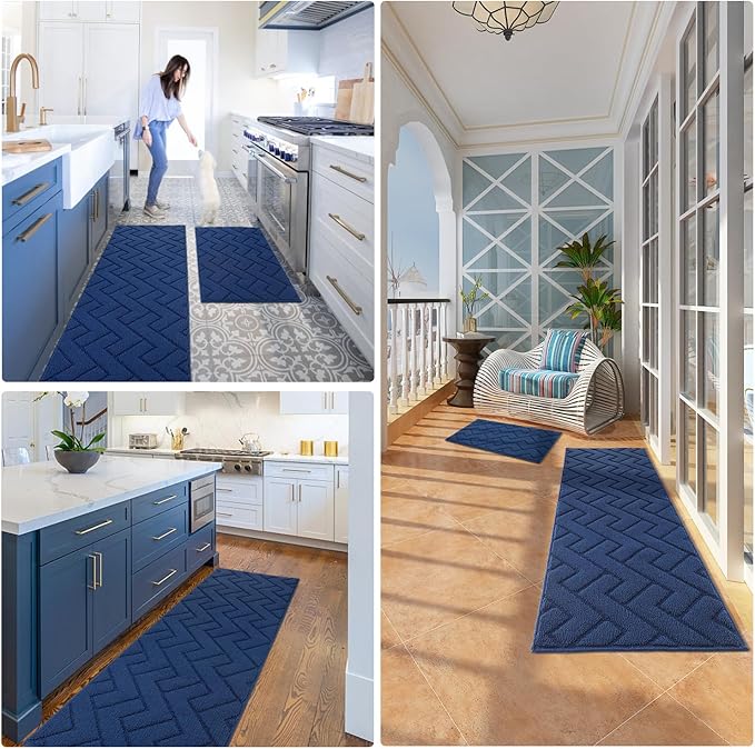 hicorfe Kitchen Runner Rugs and Mats Sets,2 Pieces Absorbent Non-Slip Kitchen Rug,Comfort Kitchen Mat for Floor,Washable for Kitchen,Hallway,Office,Sink,Laundry(20"x59"+20"x48",Navy Blue)
