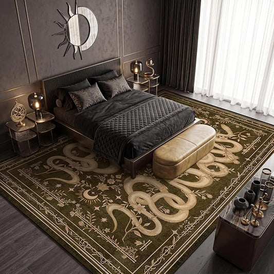 Garvee Snake Gothic 9x12 Area Rug Dark Whimsical Moody Witchy Unique Soft Thin Large Carpet for Living Room Bedroom Dining Room Playroom Indoor Decor Low Pile TPE Backing Brown