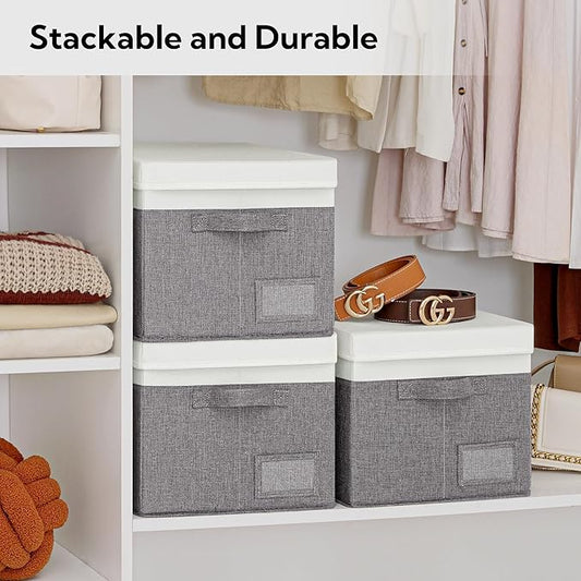 GRANNY SAYS Storage Bins with Lids, Linen Closet Storage Boxes, Collapsibe Storage Bins for Clothes, Storage Containers with Label Holder, 3-Pack, Gray&Ivory