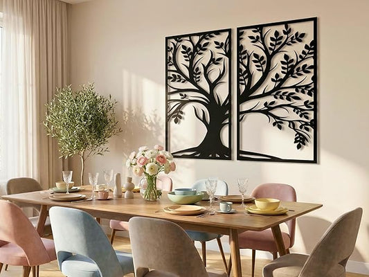 VAILLA Tree of Life Wood Wall Art Decor Set of 2 Wall Hanging Sculpture Modern Wall Home Decoration 3D Textured Sculptures for Living Room Bedroom Office Dinnig Room 2 Panels Family Tree Wall Hangings