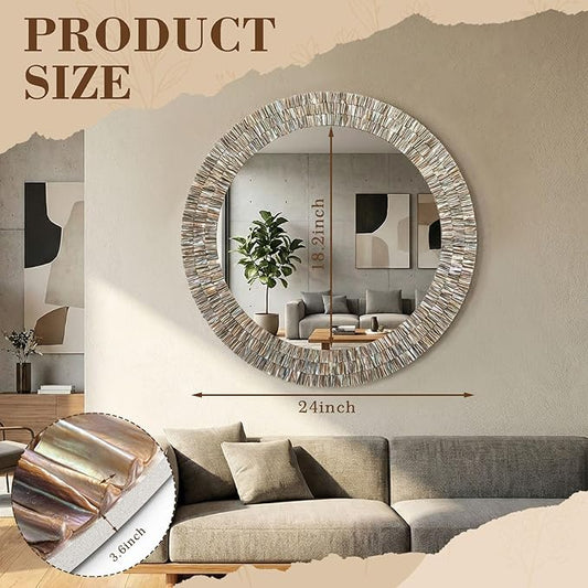 Sintuff Large 24 Inch Round Capiz Shell Mirror, Coastal Seashell Wall Mirror for Beach House Handcrafted Capiz Seashell Sunray Wall Decor for Living Room, Bedroom Vanity